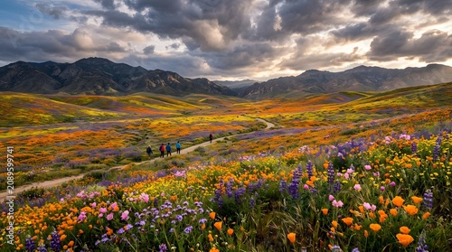 Wildflower super bloom in California desert, vibrant colors under dramatic skies, unique seasonal landscape