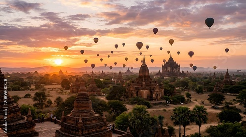 Sunset over the temples of Bagan, Myanmar, hot air balloons floating above ancient ruins, magical travel photography