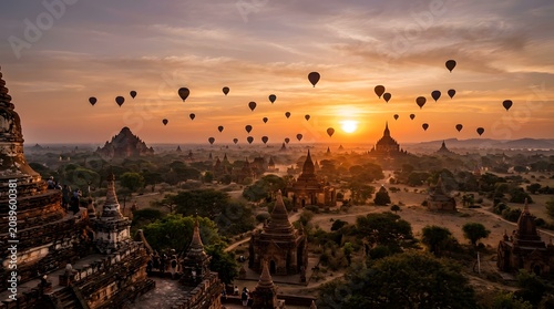 Sunset over the temples of Bagan, Myanmar, hot air balloons floating above ancient ruins, magical travel photography