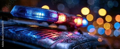 Flashing blue and red emergency lights reflect on a wet vehicle at night, bokeh