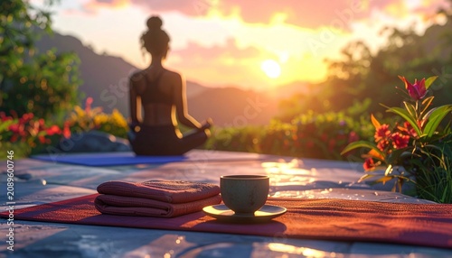 Minimalist outdoor meditation setup featuring a yoga mat, folded towel, ceramic tea cup and a meditating woman shown only from the back with sunrise backlighting