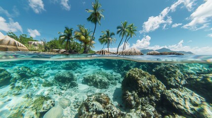 Deken met foto Palmboom Onderwaterwereld koraalrif tropisch eiland snorkelparadijs  © TensorSpark