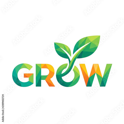 Vibrant Polygonal 'GROW' Logo Representing Natural Development, Organic Progress, and Sustainable Green Business Concepts in a Modern Graphic Design