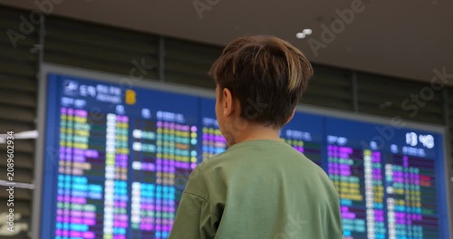 Young passenger standing with back to camera in front of large digital display at airport terminal, intently checking arrival flights. Selective focus on boy with timetable blurred on background