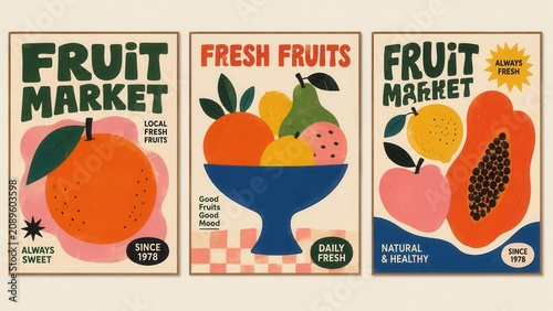 Retro fruit market poster set with fresh citrus and tropical fruit in mid century modern flat vector style