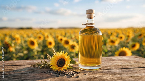 Glass Bottle of Golden Sunflower Oil Placed on Rustic Wood in a Beautiful Blooming Sunflower Field Under Blue Sky