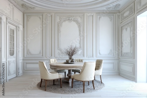 Elegant dining room with ornate wall panels and a round table setting.