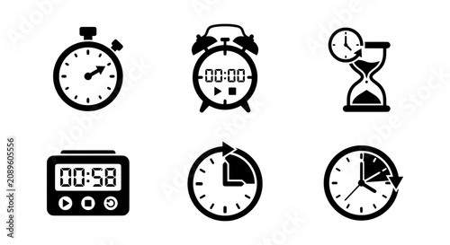 Time management vector icon set, black and white clock and timer symbols, deadline and productivity concept
