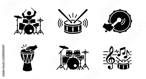 Drumming vector icon set, percussion instrument collection, musical rhythm and beat symbols