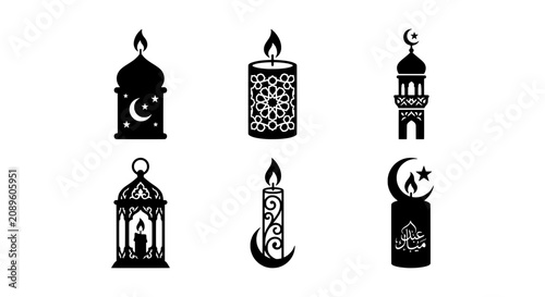 Ramadan Kareem vector icon set, Islamic celebration symbols, Eid Mubarak religious graphics