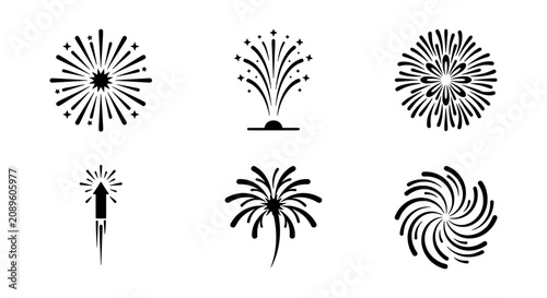 Celebration Fireworks Icons, Festive Explosions Vector Set, Party Pyrotechnics Graphics