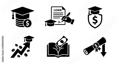Student Loan Finance Vector Icons, Education Debt and Scholarship Funding Graphics, Academic Financial Aid Collection