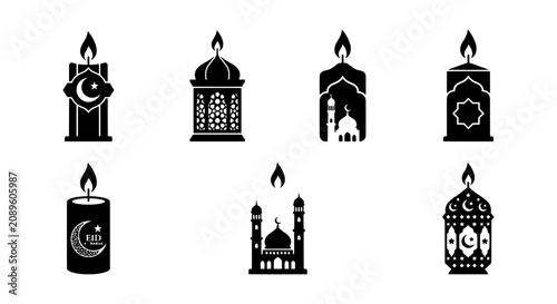Ramadan Candle Icons, Islamic Lanterns, Eid Mubarak Celebration Symbols, Vector Set