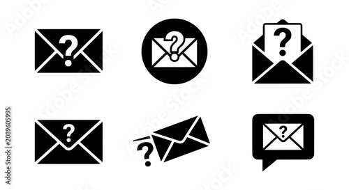 Question Mark Mail Icons, Black Envelope Vector Set, Unknown Message Symbols, Email Communication Graphics