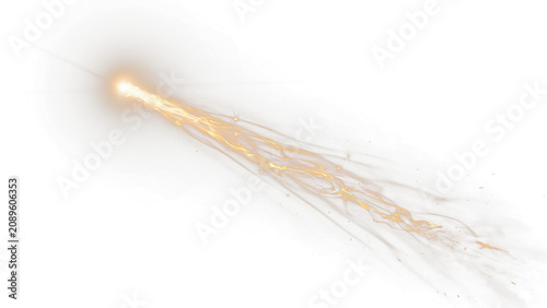 Glowing golden light streak with energy sparks, dynamic motion blur effect on white background, cinematic fire trail and magic spell overlay