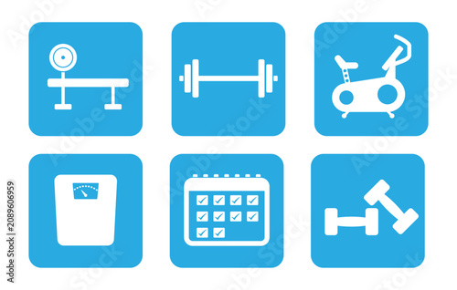 Gym and fitness training blue square icon set