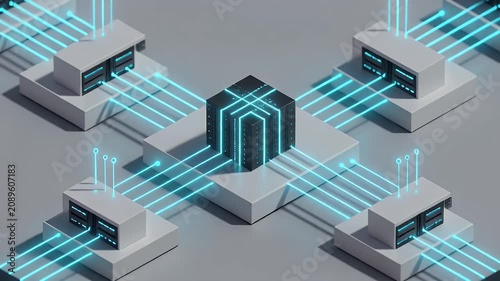 Futuristic Digital Network Infrastructure with Central Processing Unit and Interconnected Server Clusters in Isometric 3D