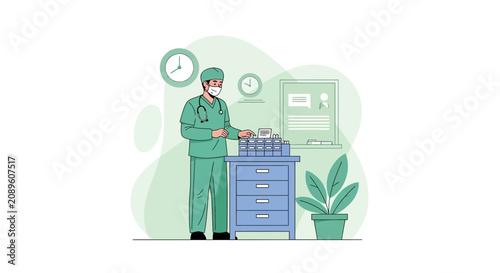 Hospital Staff Member Preparing Medicine in a Clean Medical Office Environment