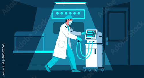 Hospital Staff Operating Medical Equipment Within Intensive Care Unit Scene Illustration