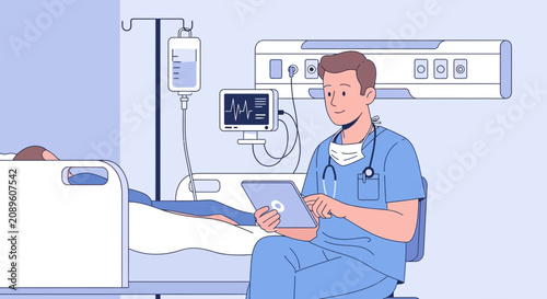 Hospital Staff Inspecting Health Data on Tablet, Monitoring Patient in a Clinic Setting