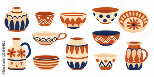 Foto Collection Of Ceramic Vessels With Geometric Patterns Vector Illustration