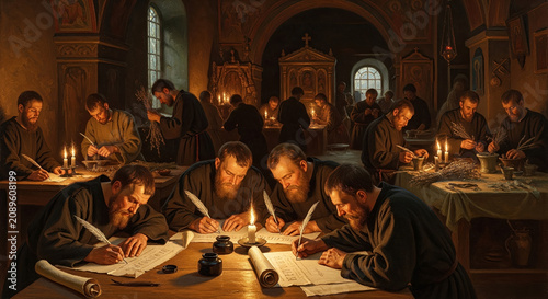 Inside a monastery, diligent monks are writing manuscripts in candlelight, showcasing devotion, faith, and the meticulous craft of religious scribes