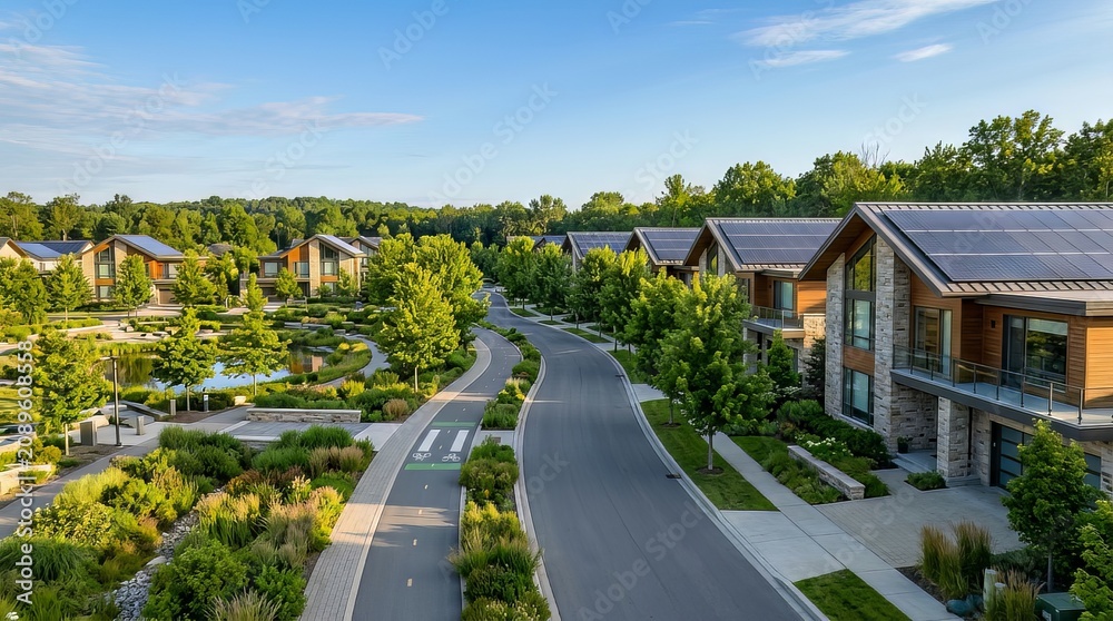 Fototapeta premium Modern sustainable residential community featuring solar panel roofs with eco friendly residential