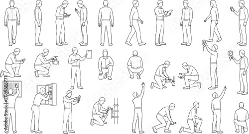 Line drawing illustration of technicians and engineers performing inspections, repairs, measurements, and maintenance tasks in industrial workplace