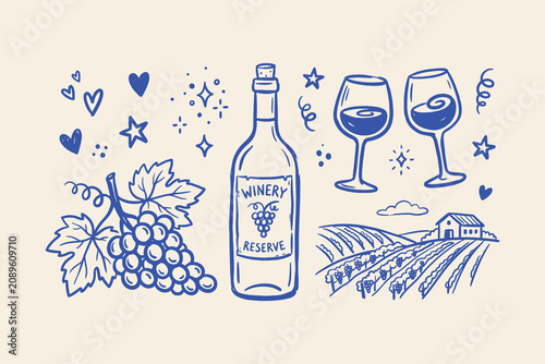 Hand drawn doodle set of wine bottle glass grapes and vineyard landscape in blue ink style Vector, illustration