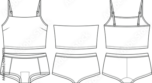 Fotografie Technical flat sketch of camisole tops and boyshort underwear with strap variati