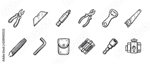 Hand-drawn tool and hardware icon set with pliers, saw, wrench, and file in a black and white sketch doodle style for DIY, repair, or construction concepts