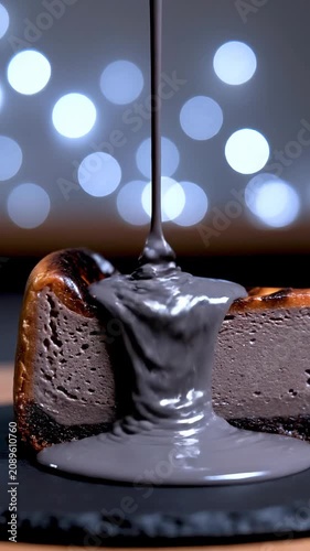 Chocolate sauce is being poured onto a slice of cake on a plate indoors.