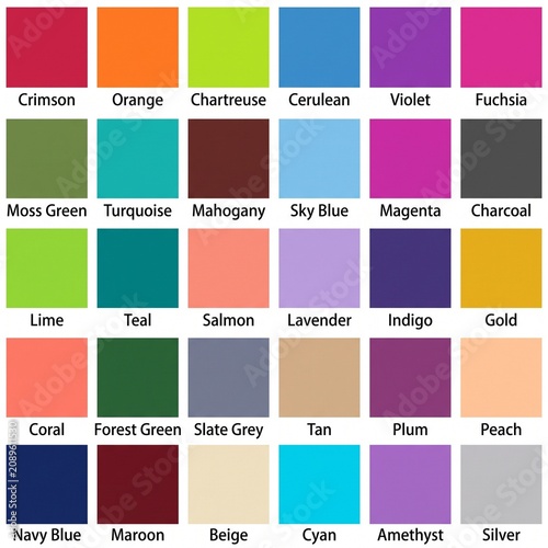 Diverse color swatch reference chart with named color varieties, swatches