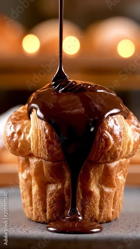 Chocolate sauce is poured over a freshly baked croissant on a plate.