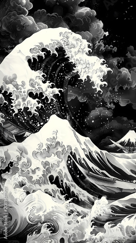 Highly detailed traditional ukiyo-e style black and white wave illustration featuring a massive ocean wave with intricate foam crests, a full moon, soaring seabirds, 