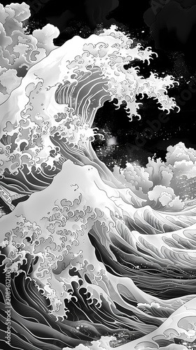 Highly detailed traditional ukiyo-e style black and white wave illustration featuring a massive ocean wave with intricate foam crests, a full moon, soaring seabirds, 