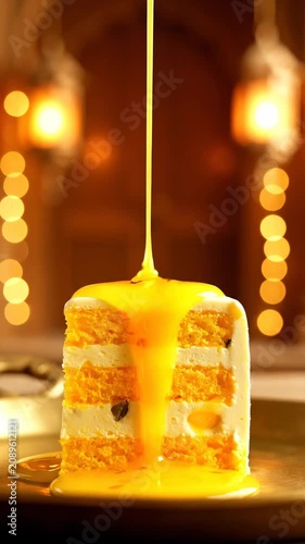 A slice of layered cake with white and orange frosting is being drizzled with orange sauce in a dimly lit restaurant.