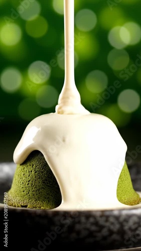 A stream of creamy white liquid pours onto a green matcha dessert in a dark bowl on a table outdoors.
