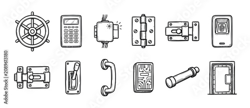 Hand-drawn set of mechanical and electronic icons including a ship's wheel, keypad, lock, and fingerprint scanner in a black and white doodle sketch style for security concepts