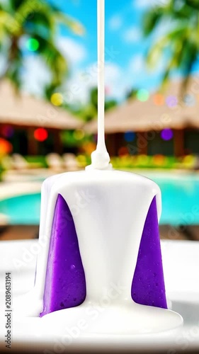A colorful ice cream is being drizzled with white sauce outdoors by the pool.