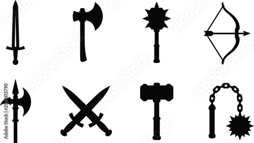Billede på lærred Medieval Weapon Silhouette Icon Set with Swords Axes Hammer Mace Bow and Flail C