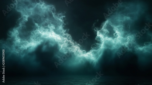 Abstract teal smoke waves over dark water