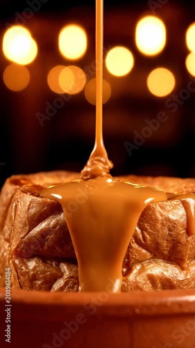 Syrup drips slowly onto a stack of golden brown pancakes in a cozy restaurant.