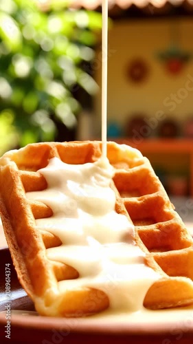 Syrup drips down on crispy golden waffles on a plate outdoors