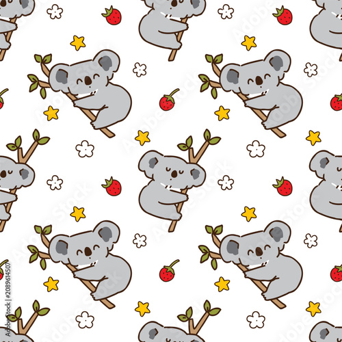 Seamless Pattern with Cute Cartoon Koala Bear Design on White Background. Hand Drawn Vector Illustration. 