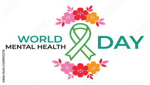 Εκτύπωση καμβά Green awareness ribbon surrounded by colorful flowers celebrates World Mental Health Day with a message of hope