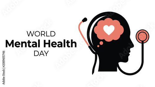 Photos Stethoscope connected to a human head silhouette with a heart symbol represents the importance of psychological well-being on World Mental Health Day
