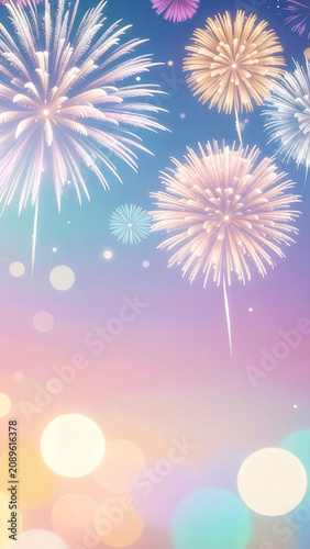 夜空に炸裂するパステルカラーの幻想的な打ち上げ花火　花火大会、年賀状素材