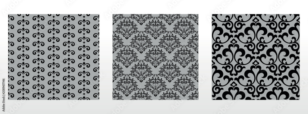 Naklejka premium Geometric floral set of seamless patterns. Gray and black vector backgrounds. Damask graphic ornaments