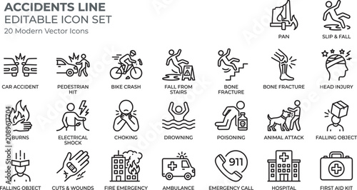 Cuadro en lienzo Accidents and emergency line icon set with car crash injury fire burn drowning a